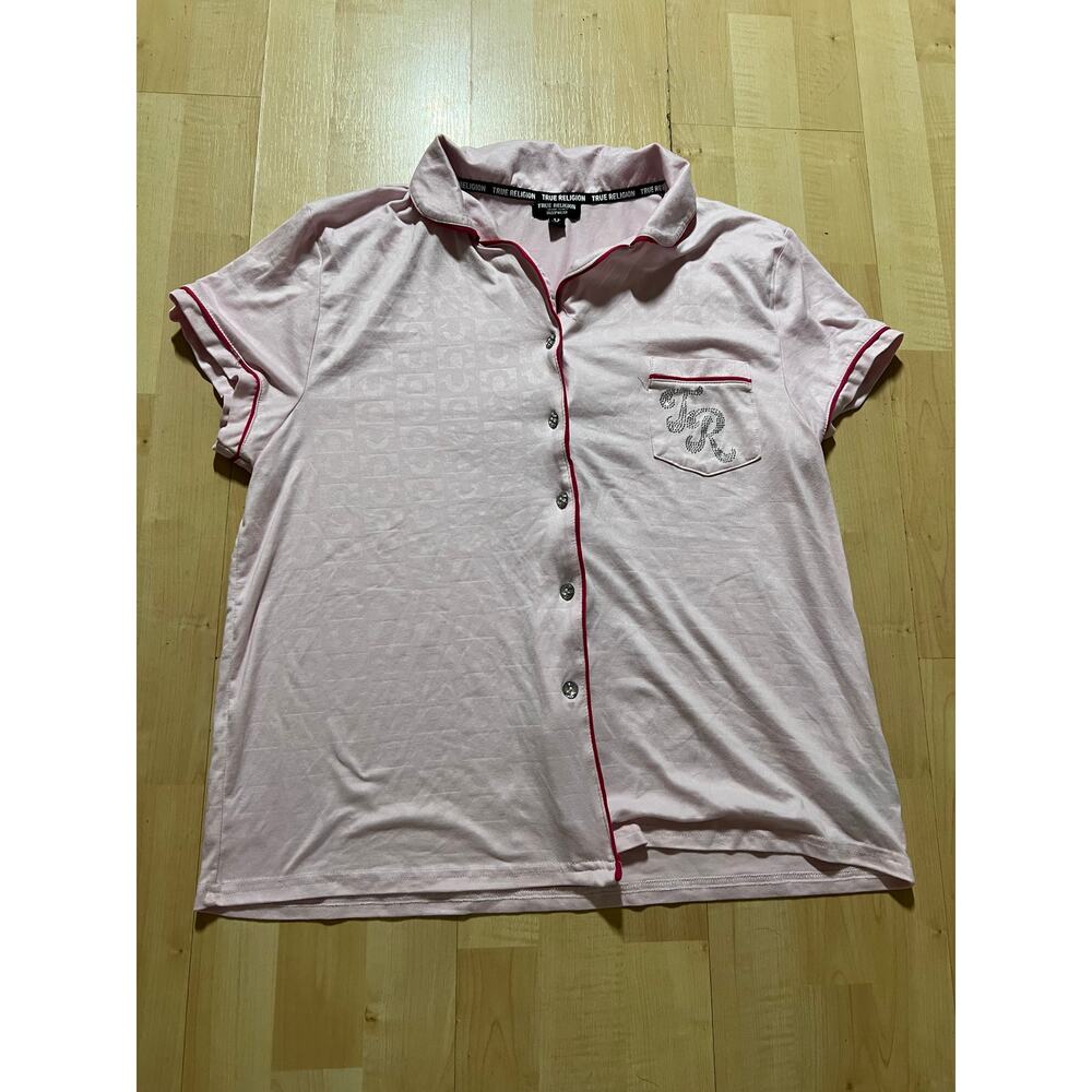 True Religion Women Pajama Top Size L Pink Short Sleeve Button Down Sleepwear - Picture 2 of 8